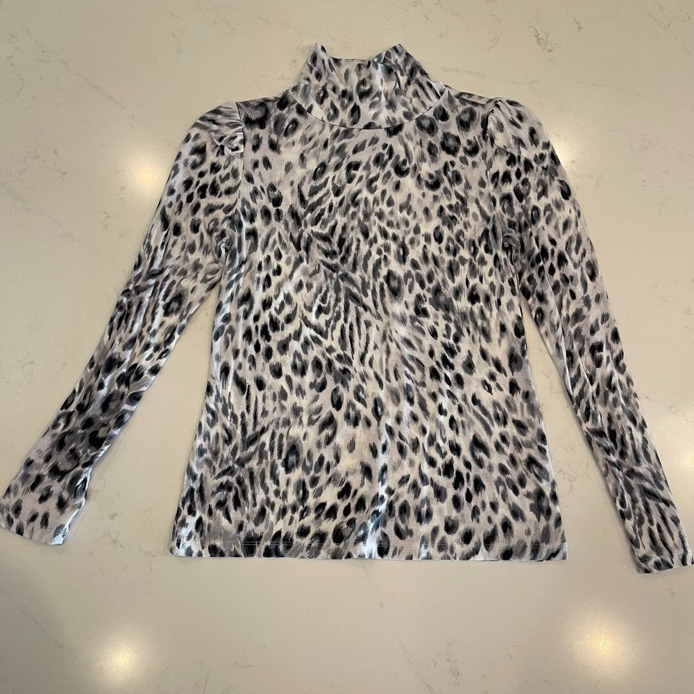 Ann Taylor : Turtleneck Puff Sleeve Long Sleeve Top: Snow Leopard: Petite Small